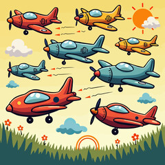 Playful Cartoon Airplane Vector Illustration Set in Red and Blue with Sunny Sky Background, Perfect for Children's Books, Travel Brochures, or Aviation-Themed Educational Materials.
