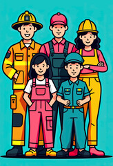 Diverse Industrial and Service Professionals Vector Illustration Featuring Multi-Generational Workers, Ideal for Inclusive Workforce Presentations, HR Marketing, or Occupational Training Materials.
