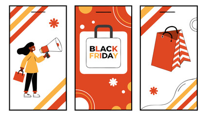 Three vertical black friday sale banners with illustrations of shopping bags, a woman and megaphone