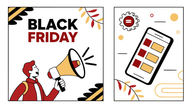 Black friday advertisement featuring a man with a megaphone and a phone with product listings showing sale items