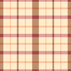 seamless plaid design blends beige tones with warm red, orange, and brown crosshatch lines. The pattern creates a comforting, rustic feel suitable for autumn-inspired clothing, cozy interior.