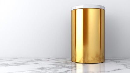 A tall, cylindrical container with a gold exterior and white lid stands on a marble floor.