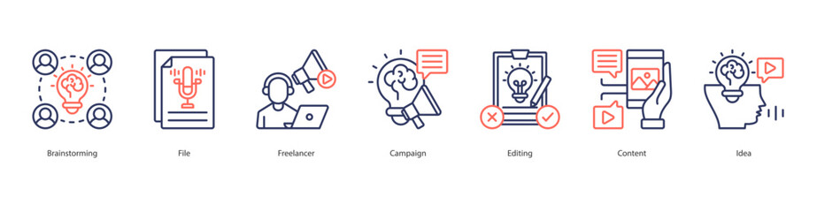 Creative Freelance Workflow banner web icon set vector illustration concept with icon of brainstorming, file, freelancer, campaign, editing, content, idea