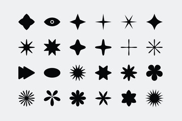  Black silhouette vector icon set of stars, flowers, and abstract shapes &ndash; concise and descriptive of the exact content