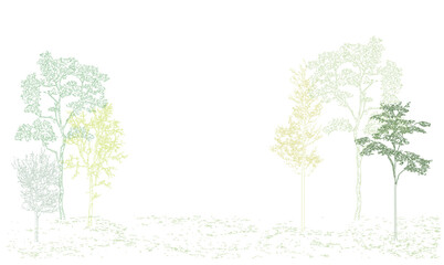 Architectural Drawings, Minimal style cad tree line drawing, Side view, set of section wetland forest outline for landscape design drawing. Vector illustration in seperate element