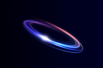 Futuristic glowing ring with pink and blue gradient light on dark background. Vector light effect for design and illustrations. 10 EPS