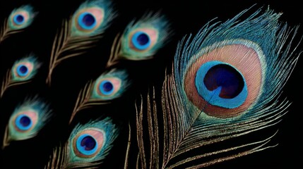 Close up of a peacock's eye with a blue and gold feather. The eye is surrounded by a cluster of blue feathers, and the feather is also blue and gold. Concept of beauty and elegance