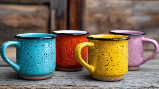 Colorful Coffee Cups: A quartet of vibrant coffee cups, each boasting a unique hue and a touch of speckled charm, sits invitingly on a rustic wooden surface, perfect for enjoying a moment of warmth.