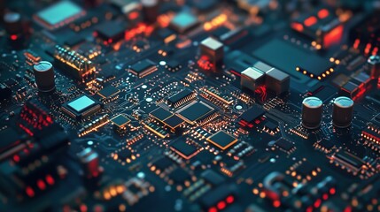 Fototapeta premium Detailed illustration of complex circuit board with electronic components, symbolizing technology and environmental awareness.