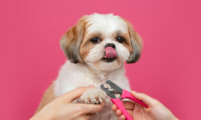 Fluffy cute dog getting his nails trimmed with clippers on pink background. Animal care and grooming.