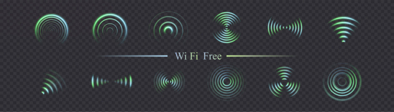 Vector set of glowing Wi-Fi icons and radio wave symbols on transparent background. Tech signal elements for communication, UI and network visuals.