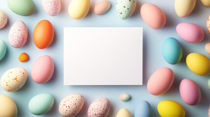 Pastel Easter eggs surround a blank card perfect for your message
