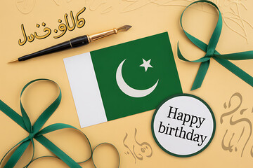 Celebrate Pakistan's National Day with this patriotic birthday card featuring the flag, a pen, and festive ribbons for a grand occasion.