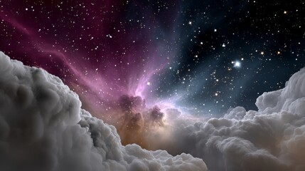 Colorful galaxy with a purple and blue swirl in the middle. The sky is filled with clouds and stars