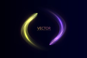 Vector background with glowing yellow and purple arrows in curved motion on dark backdrop. Futuristic light flow for sci-fi visuals, UI and digital design.