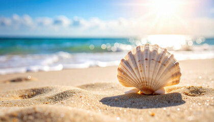 A seashell rests on a pristine sandy beach, under the bright sun and clear blue sky, near turquoise waters.