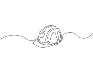 Continuous one line drawing of engineer safety helmet. One line drawing illustration of contractor hat. Engineer tool concept single line. Editable outline