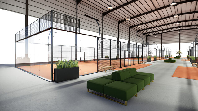 Indoor terracotta padel Courts  Complex with Metal Roof and Benches &ndash; Wide Angle View