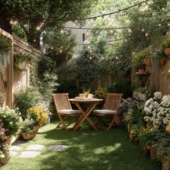 A charming, sun-drenched urban garden patio.  Small, enclosed space with wooden fence, string lights, and lush greenery.  Folding chairs, a small table, and potted flowers
