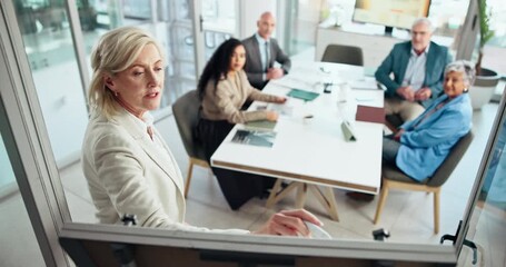 Presentation, business woman and writing on whiteboard above for financial proposal or training. Board, group or mature presenter with idea, brainstorming or coaching for investment in office meeting - Powered by Adobe
