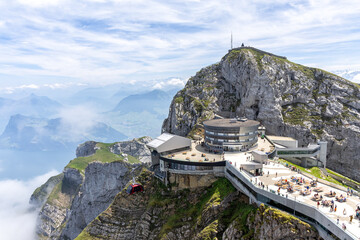 Mount Pilatus mountain peak in the Swiss Alps with aerial cable car in Switzerland