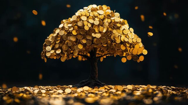A golden tree with many coins falling from it, representing wealth and financial success.