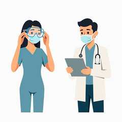 Obraz premium Flat Design Healthcare Professionals Vector Set: A Female Nurse Adjusting Her Mask and a Male Doctor with a Stethoscope, Perfect for Medical Safety Guidelines or Public Health Campaigns. 