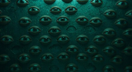 Intense Surveillance: Many Eyes on Textured Green Wall Background
