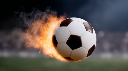 Fototapeta premium Soccer ball is in the air with smoke and fire coming off of it. Concept of excitement and energy, as if the ball is in mid-air during a game