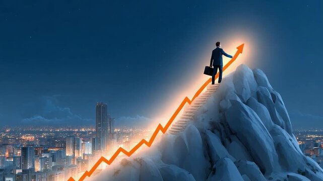 Ascending to Success: A determined business professional ascends a towering peak, illuminated by a vibrant upward trending graph. Reflecting ambition, vision.