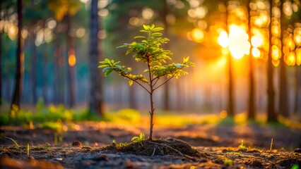 Photo of a young sapling growing in a forest clearing illuminated by warm golden sunset light filtering through the trees symbolizing new life and hope