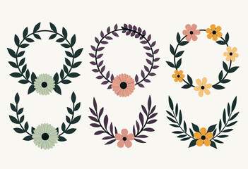 Elegant Flat Design Botanical Wreath and Branch Vector Collection with Muted Leaf Tones and Delicate Blooms, Perfect for Sophisticated Wedding Invitations, Organic Branding, or Nature-Inspired Design 