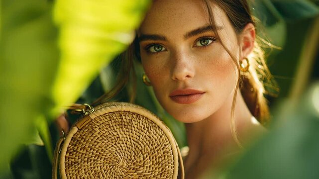 Elegant woman with handmade raffia bag surrounded by lush foliage, highlighting natural beauty