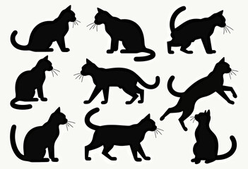 Minimalist Black Cat Silhouettes Seamless Pattern Vector Illustration in Various Playful Poses, Ideal for Feline-Themed Home Decor, Digital Art Projects, or Animal Lover Merchandise Designs, Adding a 