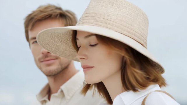 Stylish couple radiates summer vibes, showcasing natural textures and relaxed elegance