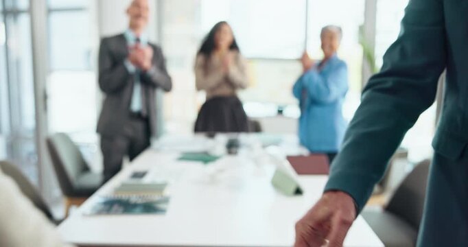 Office, applause and business people shaking hands for deal, success or financial acquisition. Team, clapping and handshake for partnership celebration, b2b merger or congratulations for investment