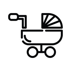 Black line drawing of a baby stroller with a hood and four wheels