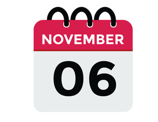6 November, calendar date icon. 6 November Calendar Date for Deadlines or Appointment. Day, month. vector illustration.
