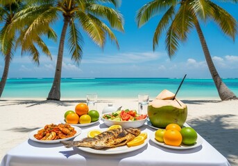 Obraz premium Exotic tropical breakfast setup on beach with palm trees and turquoise sea