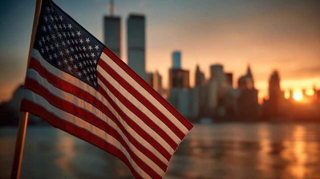 Waving flag symbolizes unity against backdrop of Twin Towers during sunset