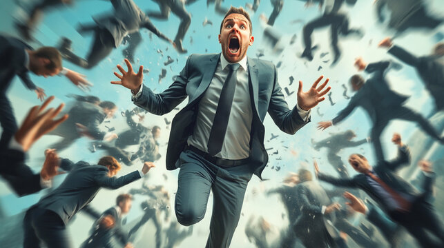 A businessman screams as colleagues fall around him a chaotic scene of business pressure