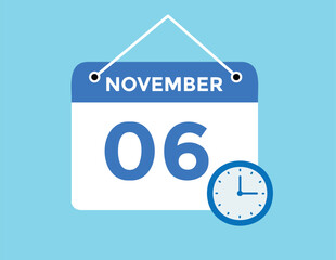 6 November, calendar date icon. 6 November Calendar Date for Deadlines or Appointment. Day, month. vector illustration.
