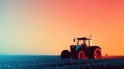 Fototapeta premium Agricultural symphony, tractor poised in fields under vibrant sunset colors