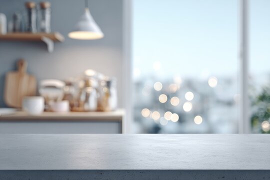 Blurred kitchen background with a clean, empty countertop in the foreground