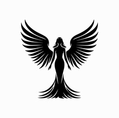 Angel with Wide Open Wings Silhouette Vector – Black on White