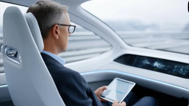 Sleek interior design showcases passenger enjoying seamless digital experience