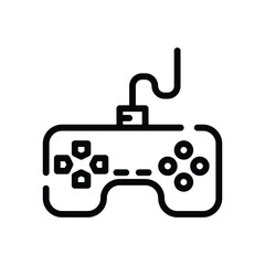 Black line drawing of a wired video game controller showcasing its buttons and outline on a white background