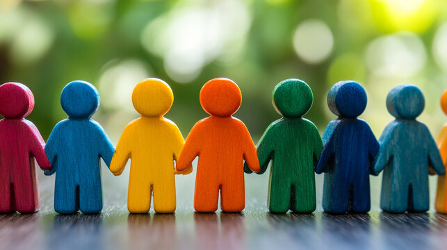 Colorful wooden figures holding hands together symbolizing unity and diversity against a blurred green background