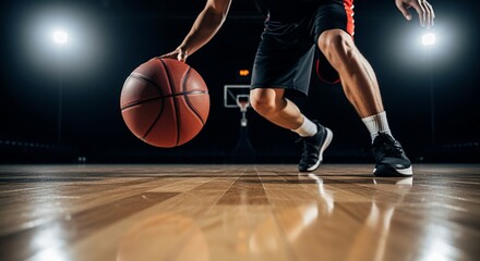 Naklejka premium Basketball Player Dribbling Ball on Court, Action Shot.