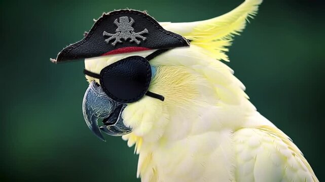 Funny yellow cockatoo wearing pirate hat and eye patch in multiple frames showing playful bird